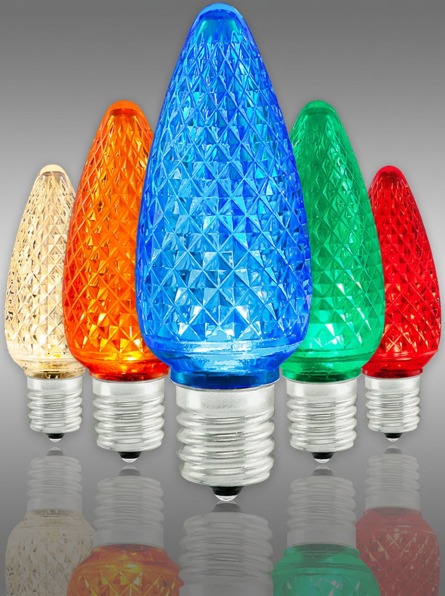 Close-up of multi-colored C9 LED Christmas bulbs