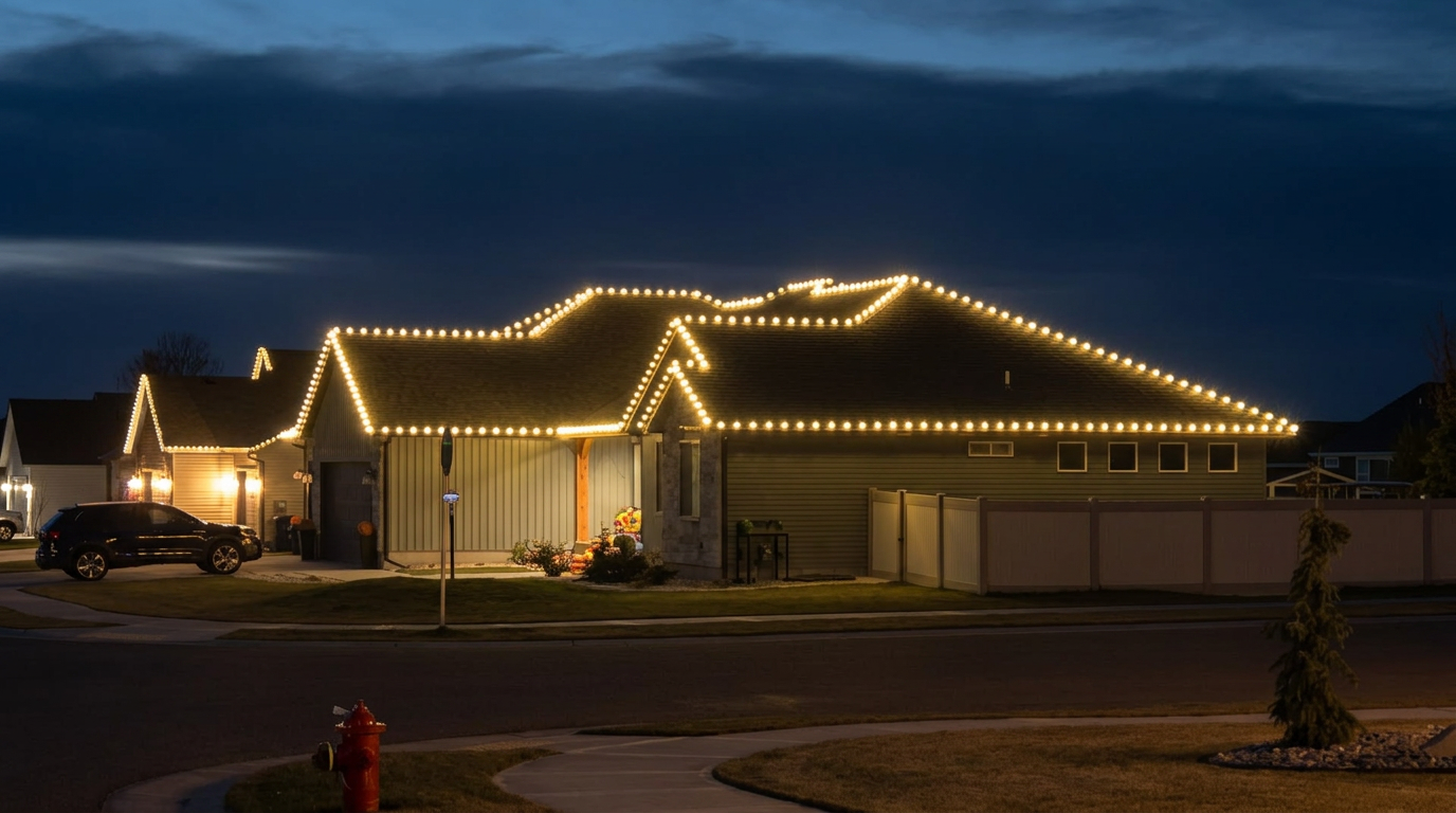Warm white C9 Christmas lights along roofline ridges