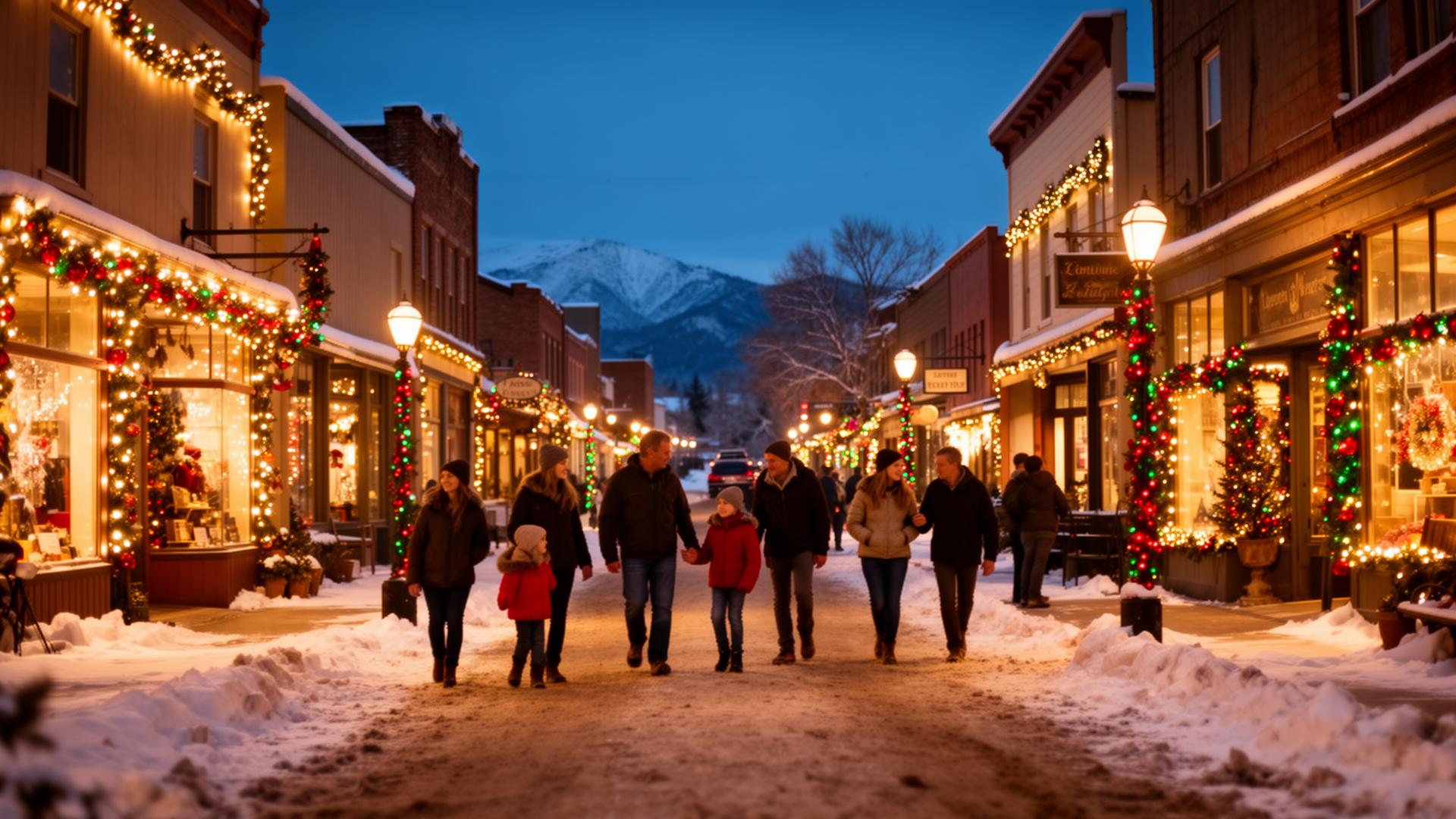 Decorated small-town main street with Christmas lights and families enjoying holiday displays