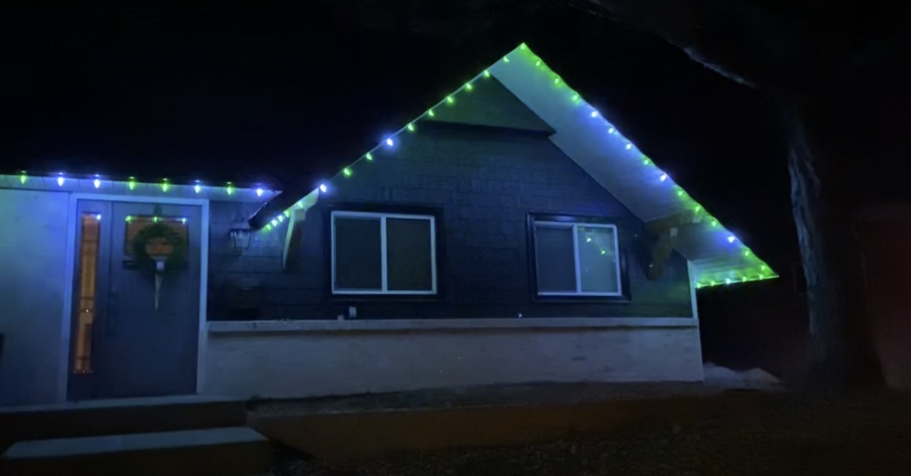 House with blue, green, and white RGBW C9 lights